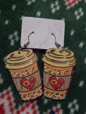 Yellow Coffee Cup Dangle Earrings with Heart Accent